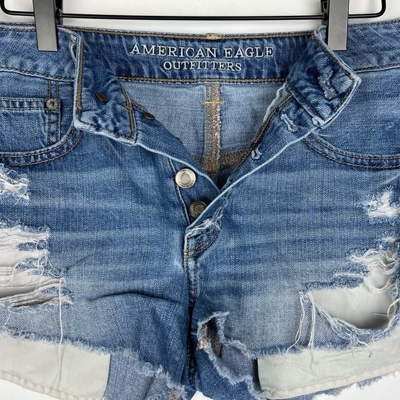 AMERICAN EAGLE Hi Rise Festival Jean Shorts Distressed Cut Off Medium Wash 4 - Picture 2 of 9